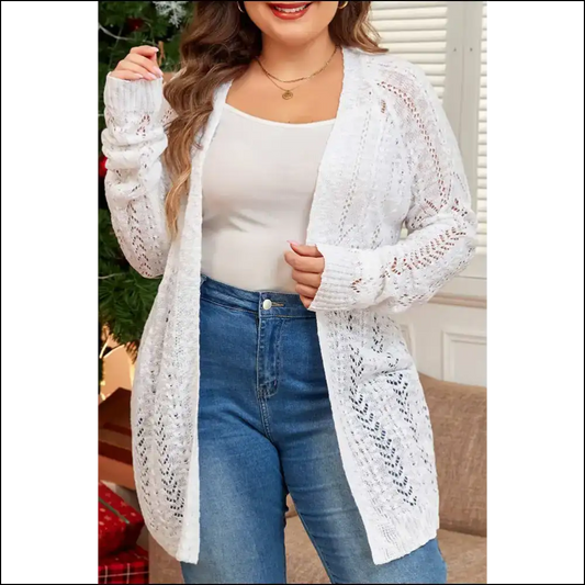 Chic White Plus Size Eyelet Knit Cardigan: your New Bff! 1x - Sweaters&cardigans Sweaters & Cardigans on Sale Worldwide Shipping