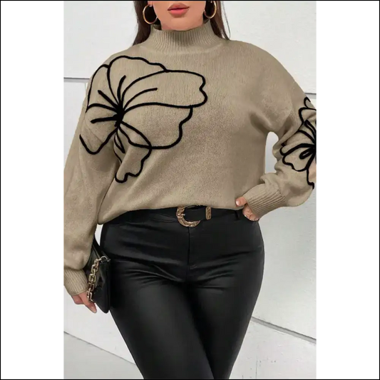 Dark Khaki Flower Pattern High Neck Sweater: Hug! Needful Things 🌼💀 - 1x - Plus Size Sweaters&cardigans Sweaters & Cardigans on Sale