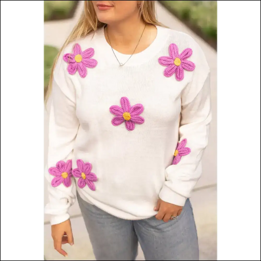 Groovy 60s Flower Power Knit Sweater: Drop Shoulder! 🌼 Needful Things - White / 1x - Plus Size Sweaters&cardigans Sweaters & Cardigans