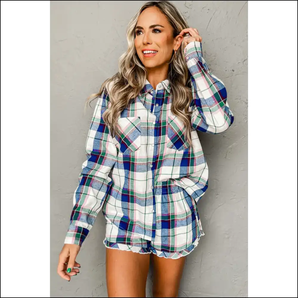 Blue Plaid Pajama Set: Netflix & Chill Needful Things 😴 - Loungewear Set Two Piece Sets on Sale Worldwide Shipping