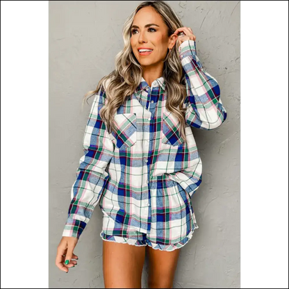 Blue Plaid Pajama Set: Netflix & Chill Needful Things 😴 - Loungewear Set Two Piece Sets on Sale Worldwide Shipping