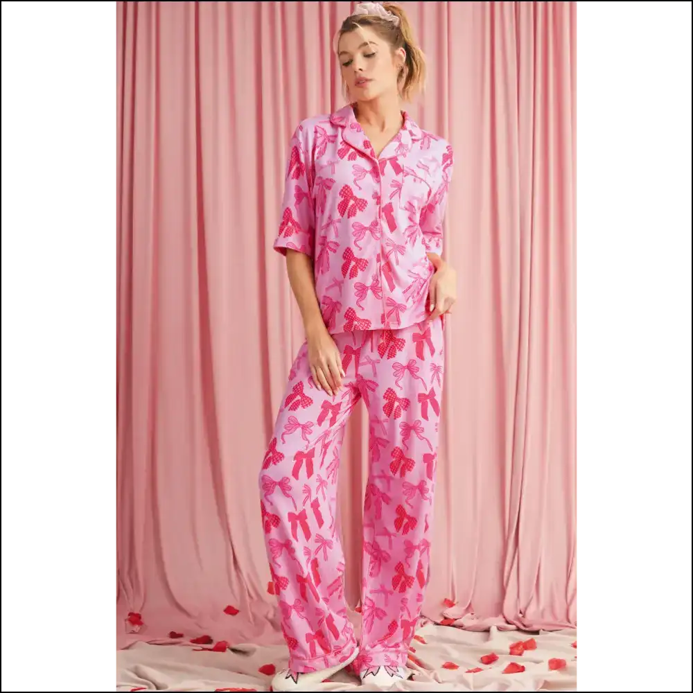 Pink Bow Knot Pajama Set: Netflix & Chill Darling! 🎀 Needful Things - s - Loungewear Set Two Piece Sets on Sale Worldwide Shipping