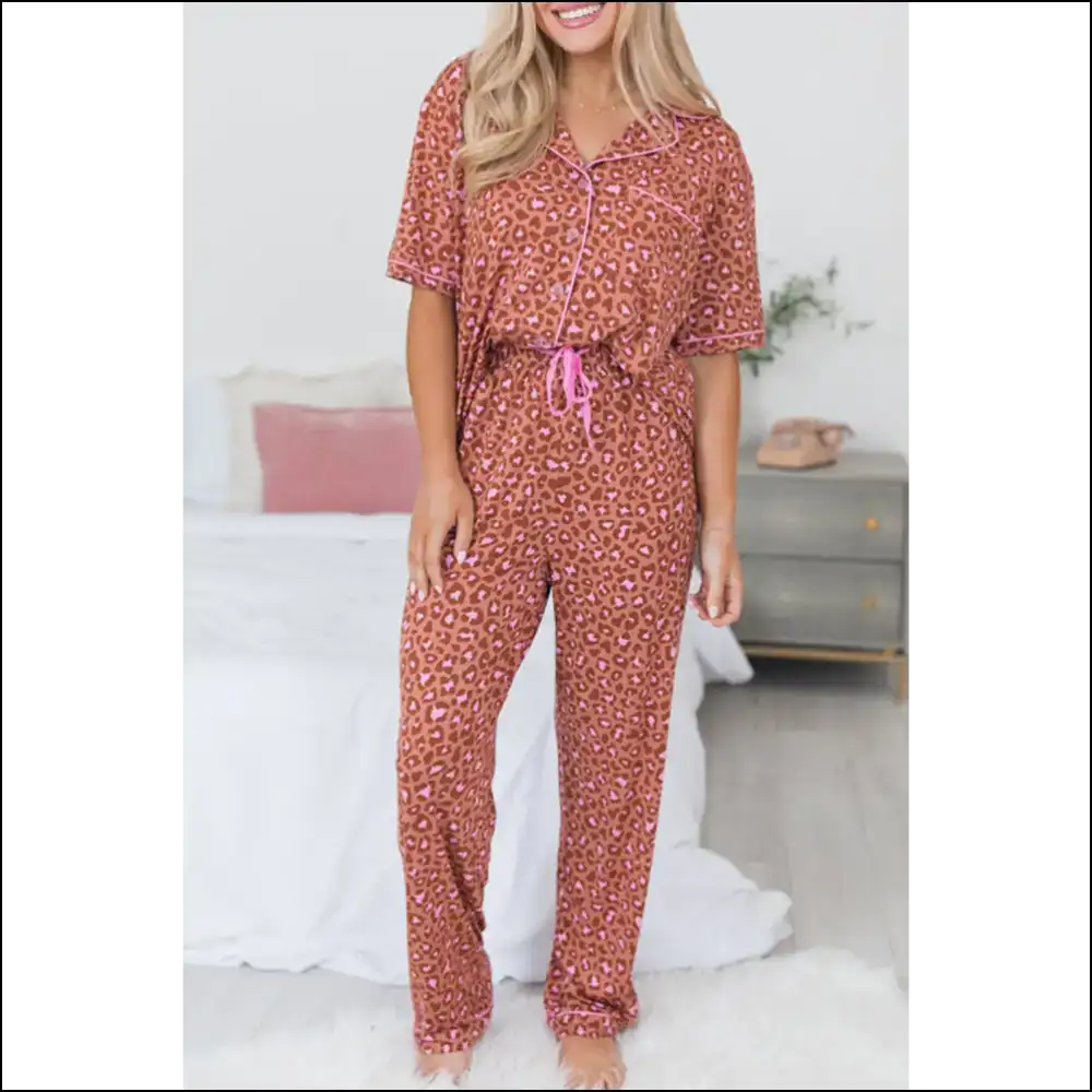 Leopard Pajama Set: Wildly Chic Needful Things. 🐆 - Brown / s - Loungewear Set Two Piece Sets on Sale Worldwide Shipping