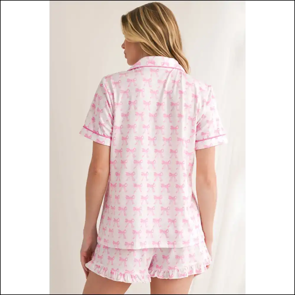 Bowknot Print Pajama Set: Pink Comfort from Needful Things 🎀💀 - Loungewear Set Two Piece Sets on Sale Worldwide Shipping