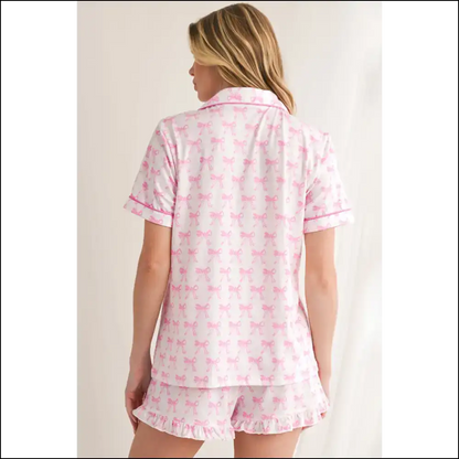 Bowknot Print Pajama Set: Pink Comfort from Needful Things 🎀💀 - Loungewear Set Two Piece Sets on Sale Worldwide Shipping