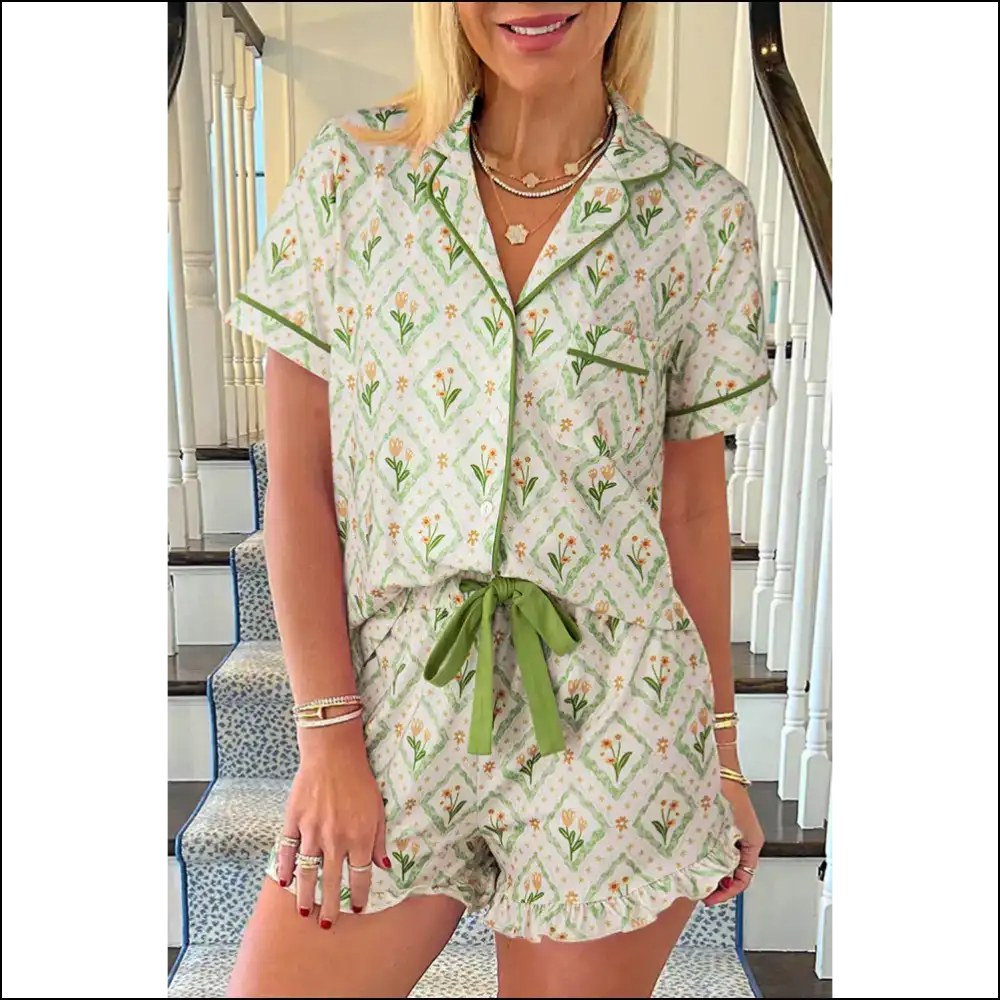 Needful Things: Get your Chic Green Floral Pajama Set On! 😴🌿 - s - Loungewear Two Piece Sets on Sale Worldwide Shipping