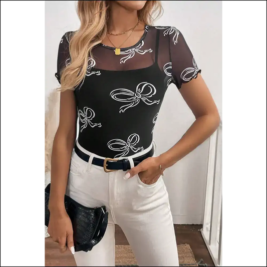 Chic Black Bow Print Top: Down Bitches! 🎀 Needful Things - s - t Shirts on Sale Worldwide Shipping