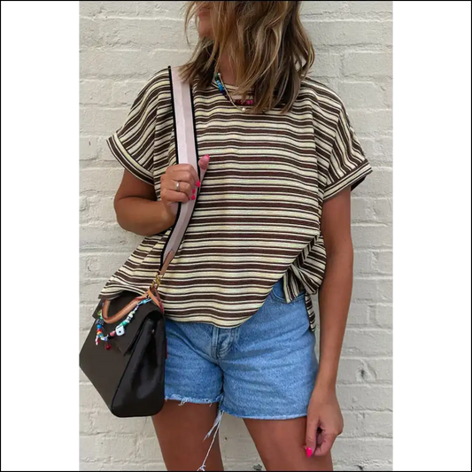Chic Brown Stripe Tee: Side Slit & Ready to Slay 💅 from Needful Things! - s - t Shirts on Sale Worldwide Shipping