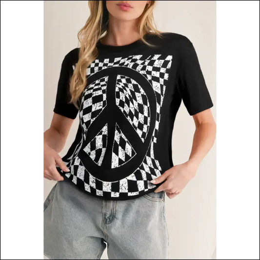 Checkerboard Peace Sign Tee: Groovy Man ?️ - Black / s - t Shirts on Sale Worldwide Shipping