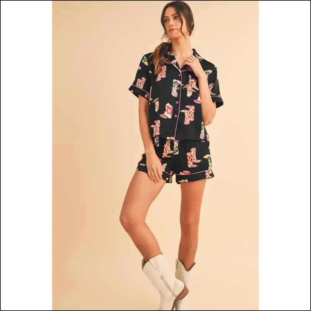 Black Boots Pajama Set: Kicking Back in Style with Needful Things 👢 - Loungewear Set Two Piece Sets on Sale Worldwide Shipping