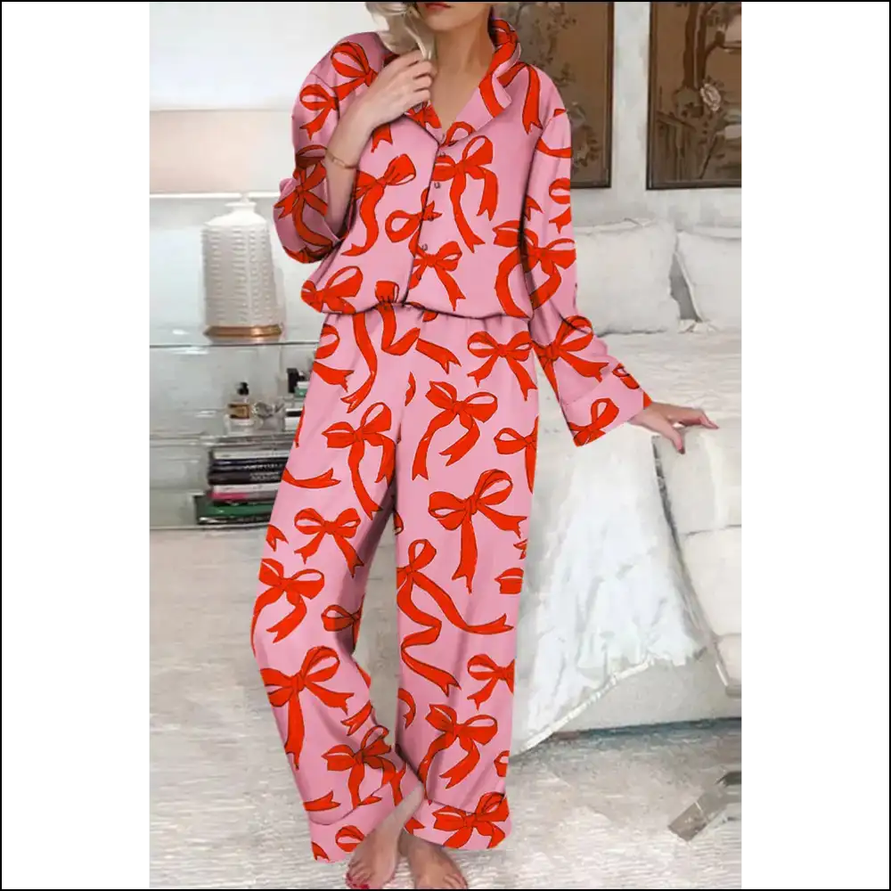 Bow Down Bitches: Pink Print Pajama Set - s - Loungewear Two Piece Sets on Sale Worldwide Shipping