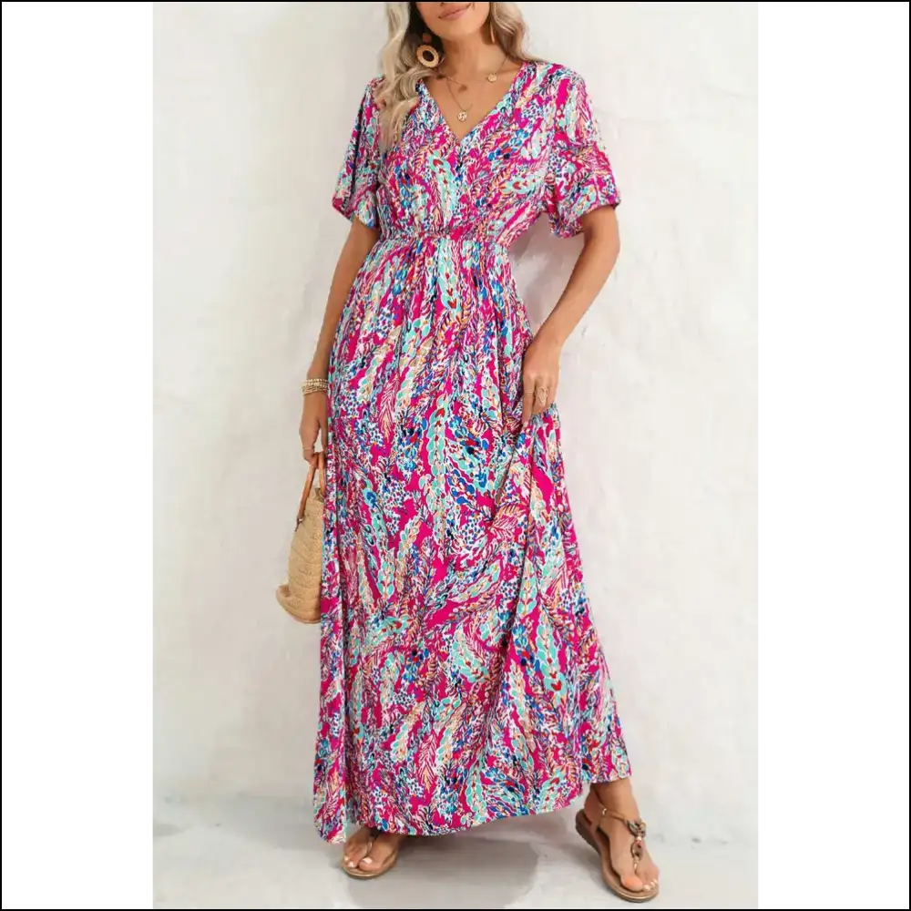 Abstract Botanic Print: Turns Heads Hides Snacks (needful Things) 🌿 - Red / s - Maxi Dresses on Sale Worldwide Shipping