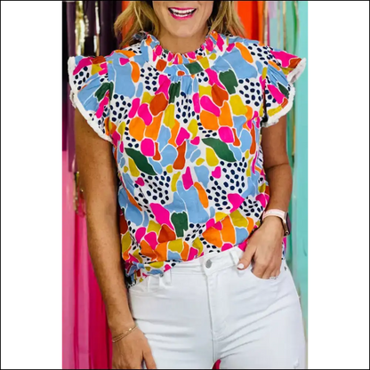 Abstract Print High Neck Flutter Sleeves: Prepare for Stares! Needful Things. 😉 - Multicolor / Xs - Blouses on Sale Worldwide Shipping