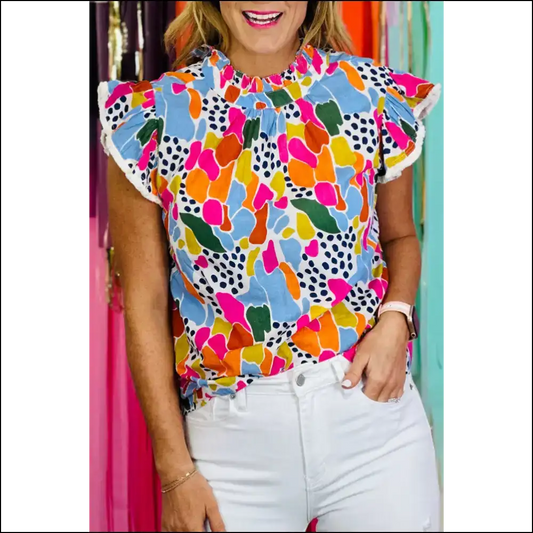 Abstract Print High Neck Flutter Sleeves: Prepare for Stares! Needful Things. 😉 - Multicolor / Xs - Blouses on Sale Worldwide Shipping