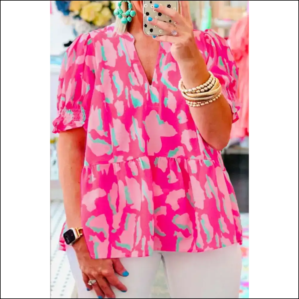 Abstractly Fabulous: Rose Plus Size Puff Sleeve Blouse - 1x - Tops on Sale Worldwide Shipping