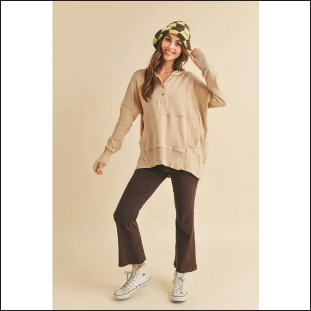 Aemi + co Chic Half Snap Dropped Shoulder Hoodie - Hoodies Sweatshirts & on Sale Worldwide Shipping