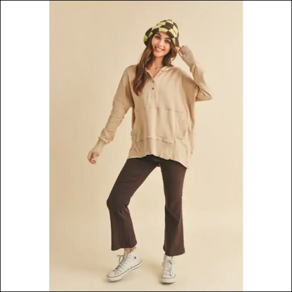 Aemi + co Chic Half Snap Dropped Shoulder Hoodie - Hoodies Sweatshirts & on Sale Worldwide Shipping