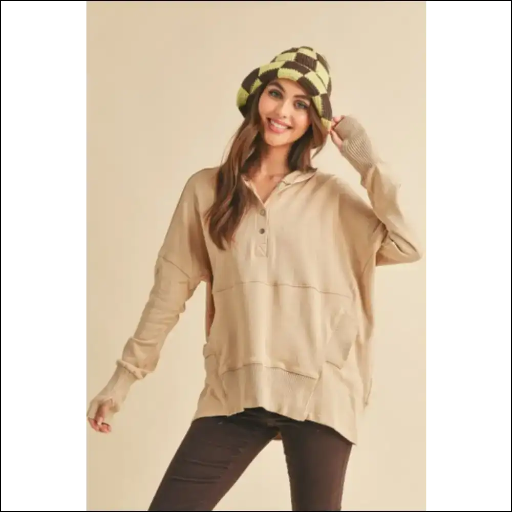Aemi + co Chic Half Snap Dropped Shoulder Hoodie - Hoodies Sweatshirts & on Sale Worldwide Shipping