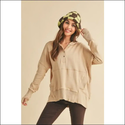 Aemi + co Chic Half Snap Dropped Shoulder Hoodie - Hoodies Sweatshirts & on Sale Worldwide Shipping