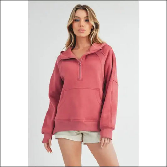 Aemi + co Chic Half Zip Raglan Hoodie - Rose / m - Hoodies Sweatshirts & on Sale Worldwide Shipping