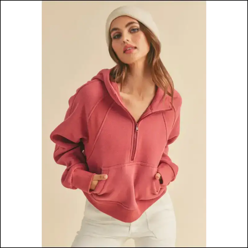 Aemi + co Chic Half Zip Raglan Sleeve Hoodie - Rose / s - Hoodies Sweatshirts & on Sale Worldwide Shipping