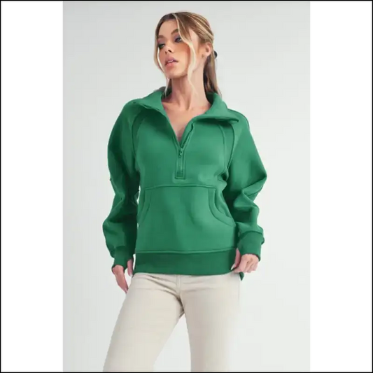 Aemi + co Chic Half Zip Raglan Sweatshirt - Green / l - Sweatshirts & Hoodies on Sale Worldwide Shipping