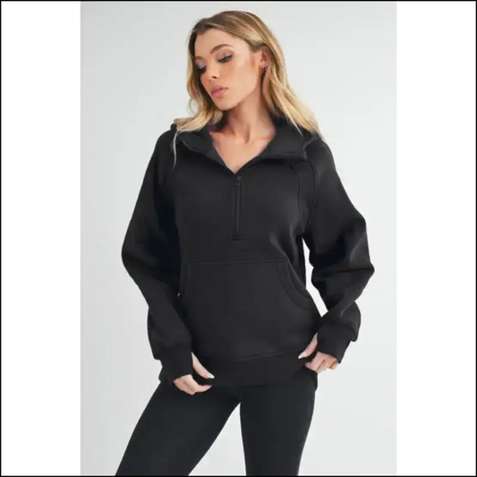 Aemi + co Chic Half Zip Raglan Sweatshirt with Kangaroo Pocket - Black / s - Sweatshirts & Hoodies on Sale Worldwide Shipping