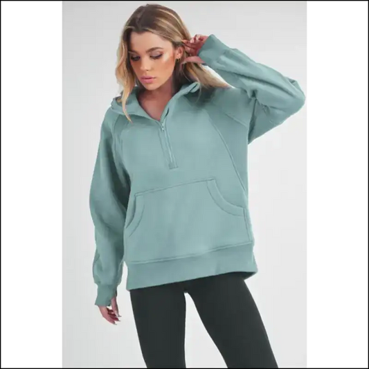 Aemi + co Chic Half Zip Raglan Sweatshirt with Pocket - Teal / m - Sweatshirts & Hoodies on Sale Worldwide Shipping