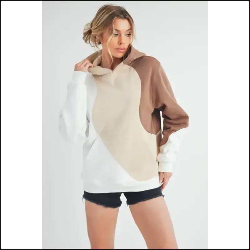 Aemi + co Color Block Hoodie with Kangaroo Pocket - Sand / s - Hoodies Sweatshirts & on Sale Worldwide Shipping
