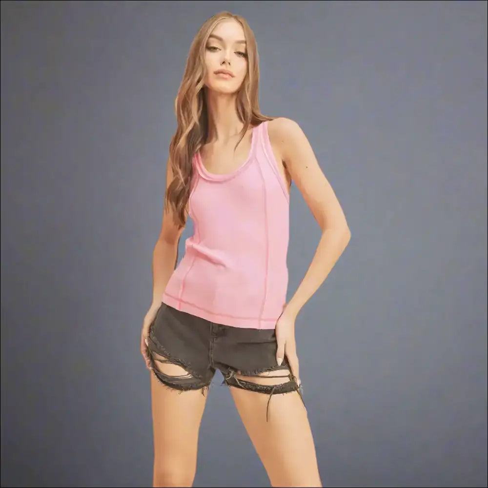 Aemi + co Contrast Stitching Scoop Neck Tank - Blush Pink / s - Tops on Sale Worldwide Shipping