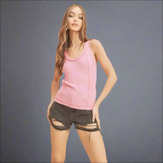 Aemi + co Contrast Stitching Scoop Neck Tank - Blush Pink / s - Tops on Sale Worldwide Shipping