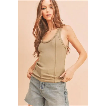 Aemi + co Contrast Stitching Scoop Neck Tank - Khaki / s - Tops on Sale Worldwide Shipping