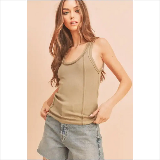 Aemi + co Contrast Stitching Scoop Neck Tank - Khaki / s - Tops on Sale Worldwide Shipping