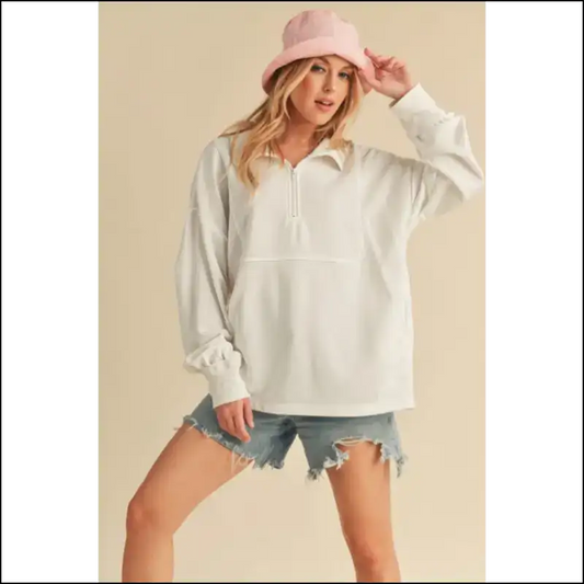 Aemi + co Exposed Seam Half Zip Sweatshirt - White / s - Sweatshirts & Hoodies on Sale Worldwide Shipping