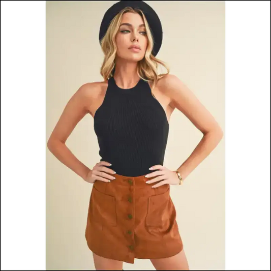 Aemi + co Grecian Neck Ribbed Tank Top - Black / m - Tops on Sale Worldwide Shipping