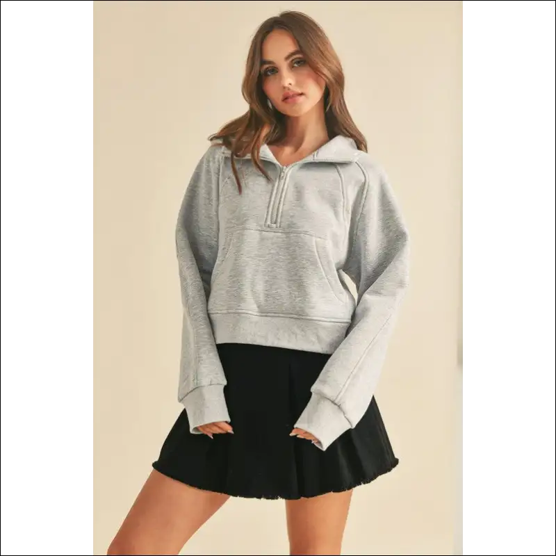 Aemi + co Chic Half Zip Raglan Sleeve Hoodie - Light Gray / s - Sweatshirts & Hoodies on Sale Worldwide Shipping
