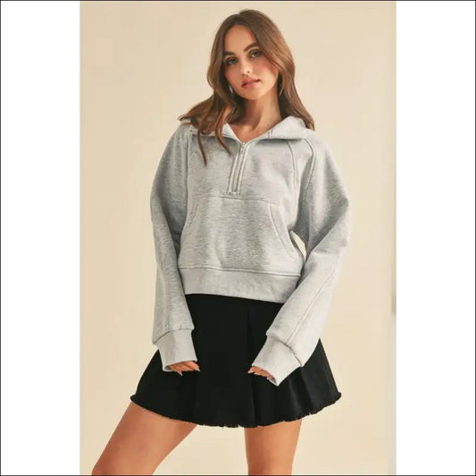 Aemi + co Chic Half Zip Raglan Sleeve Hoodie - Light Gray / s - Sweatshirts & Hoodies on Sale Worldwide Shipping