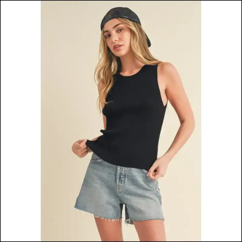 Aemi + co Ribbed Round Neck Knit Tank - Black / s - Tops on Sale Worldwide Shipping