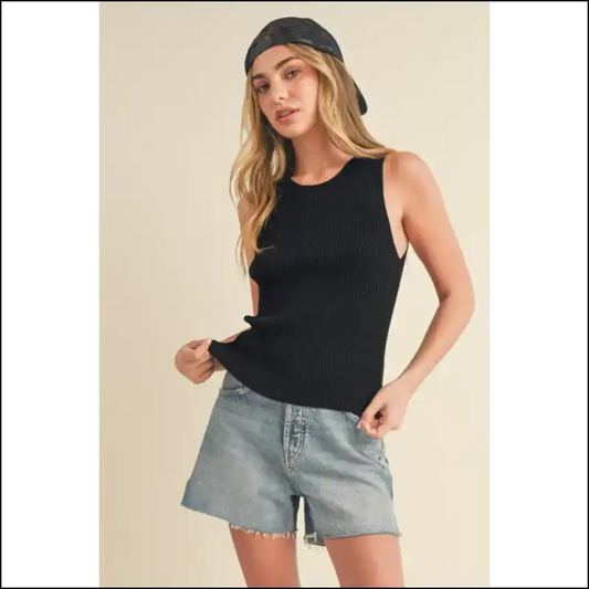 Aemi + co Ribbed Round Neck Knit Tank - Black / s - Tops on Sale Worldwide Shipping