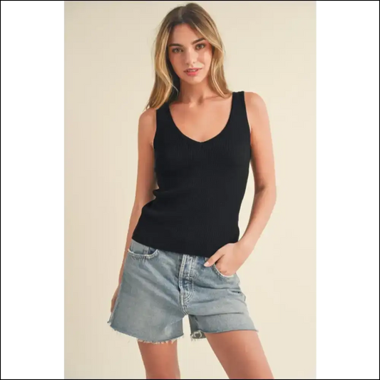 Aemi + co Ribbed Wide Strap Knit Tank - Chic Comfort - Black / s - Tops on Sale Worldwide Shipping