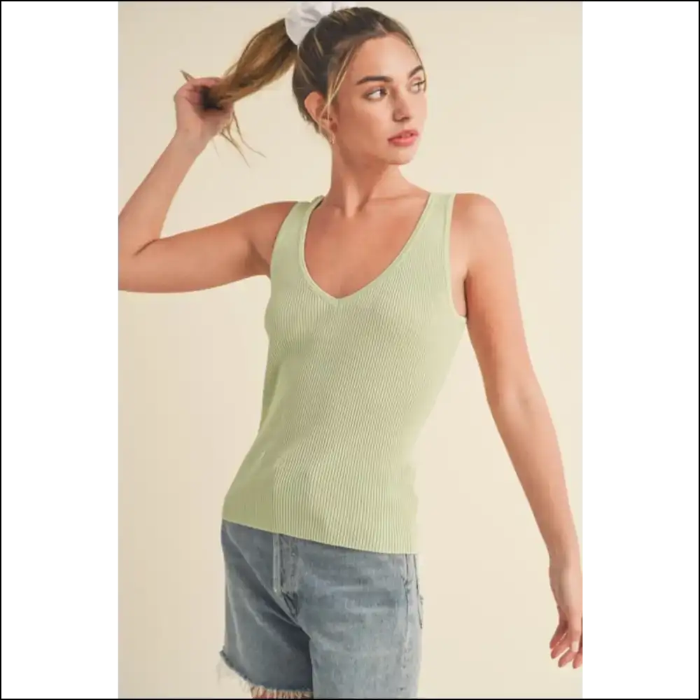 Aemi + co Ribbed Wide Strap Knit Tank - Chic & Stylish - Sage / s - Tops on Sale Worldwide Shipping