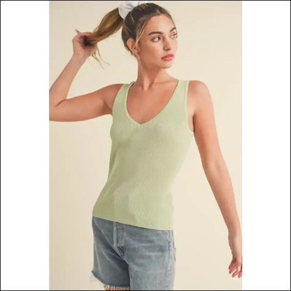 Aemi + co Ribbed Wide Strap Knit Tank - Chic & Stylish - Sage / s - Tops on Sale Worldwide Shipping