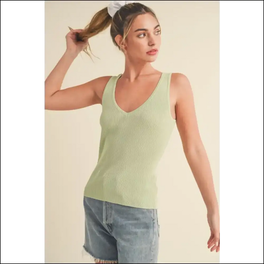 Aemi + co Ribbed Wide Strap Knit Tank - Chic & Stylish - Sage / s - Tops on Sale Worldwide Shipping