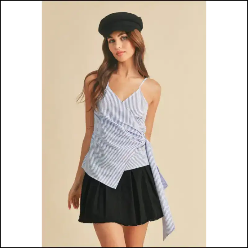 Aemi + co Side Knotted Surplice Striped Cami - White / s - Tank Tops on Sale Worldwide Shipping