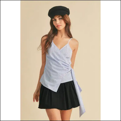 Aemi + co Side Knotted Surplice Striped Cami - White / s - Tank Tops on Sale Worldwide Shipping