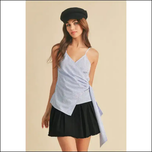 Aemi + co Side Knotted Surplice Striped Cami - White / s - Tank Tops on Sale Worldwide Shipping