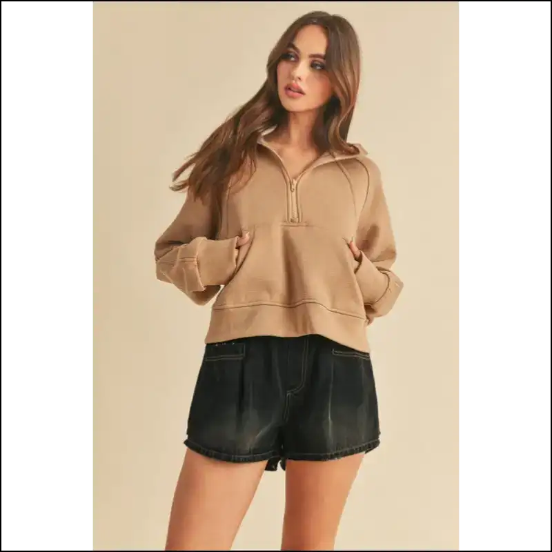 Aemi + co Stylish Half Zip Raglan Sleeve Hoodie - Camel / s - Hoodies Sweatshirts & on Sale Worldwide Shipping