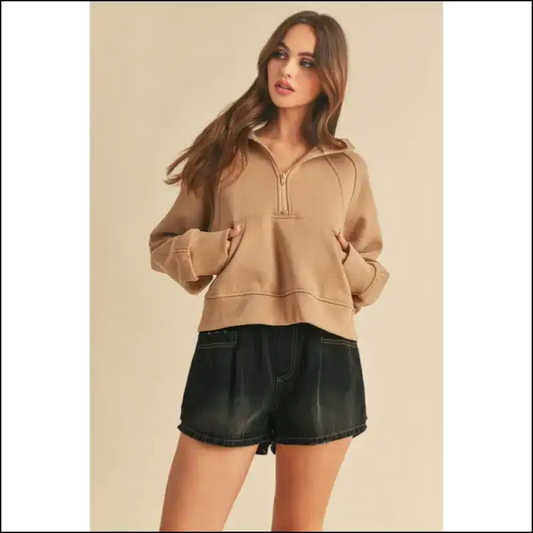 Aemi + co Stylish Half Zip Raglan Sleeve Hoodie - Camel / s - Hoodies Sweatshirts & on Sale Worldwide Shipping
