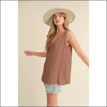 Aemi + co Stylish V-neck Wide Strap Tank - Caramel / s - Tops on Sale Worldwide Shipping