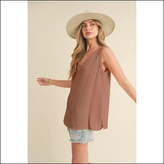 Aemi + co Stylish V-neck Wide Strap Tank - Caramel / s - Tops on Sale Worldwide Shipping